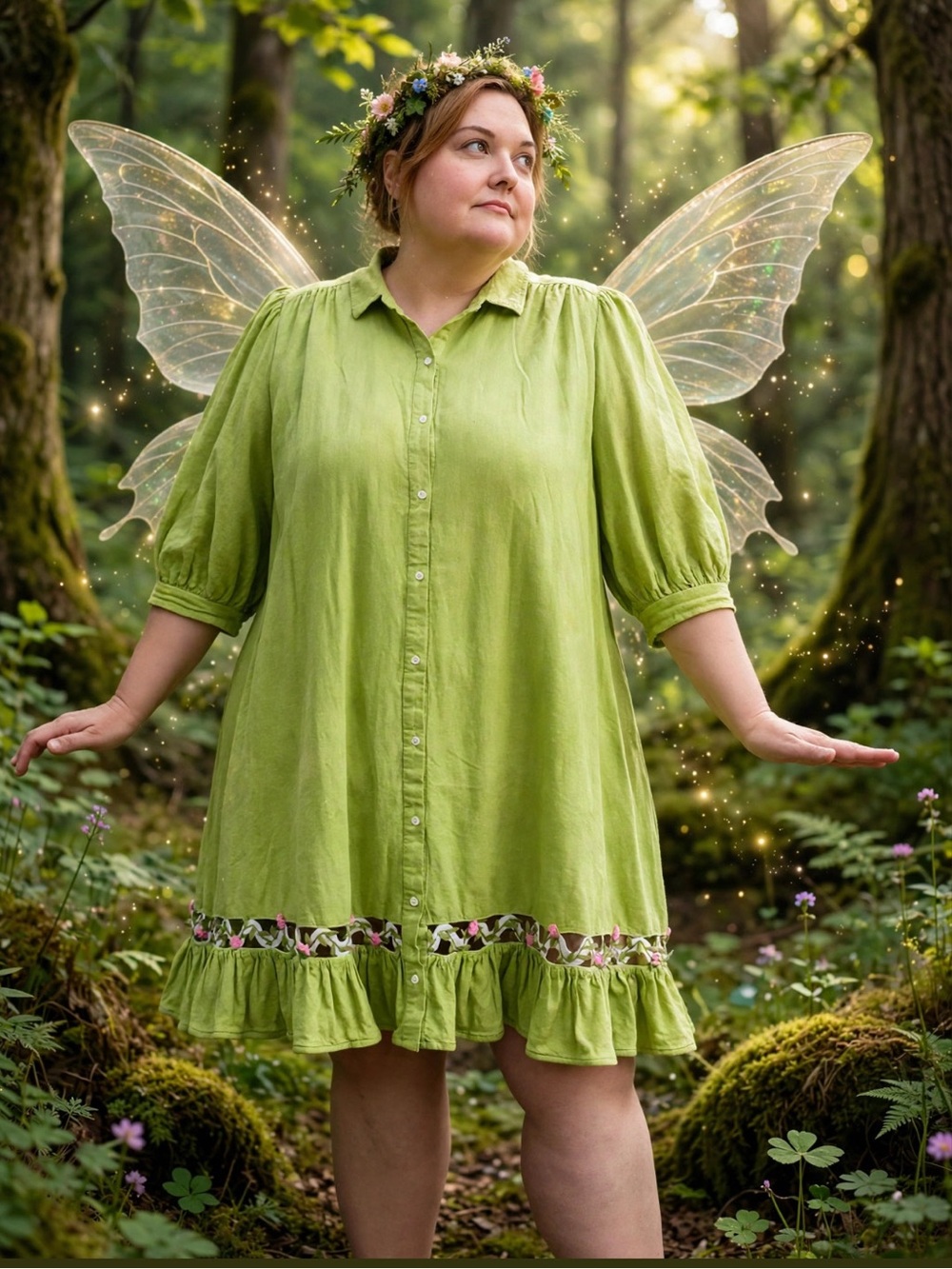 Upcycled, Fairy Cottage, Green Apple Rosette Lattice Dress, 2X